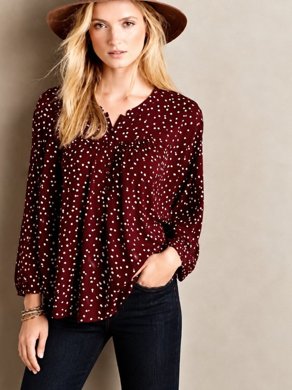 Maeve Anthropologie Linden Polka Dot Blouse Burgundy S Boho Peasant Relaxed Top